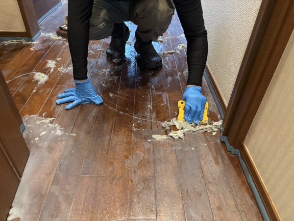 下地処理工程 フロアコーティング施工前の下剥離清掃の様子
