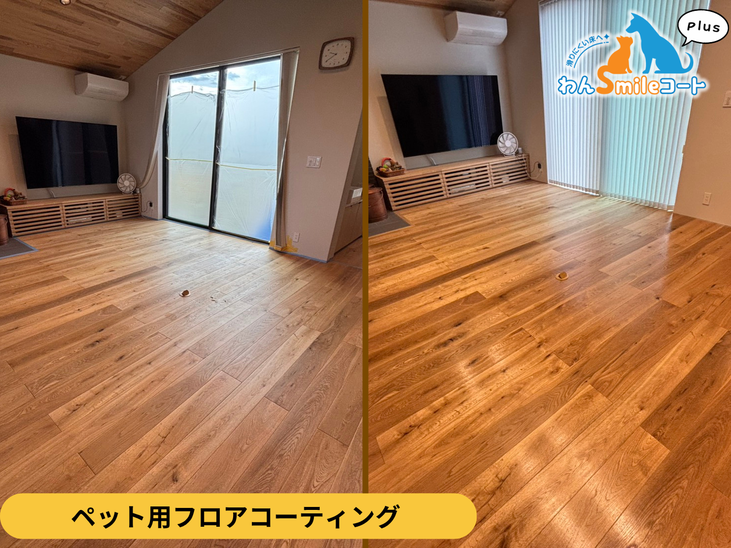 【福島県大沼郡会津美里町】入居中戸建て(3年)わんスマイルコートPlus施工事例｜愛犬が滑りにくいマット仕上げのフロアコーティング